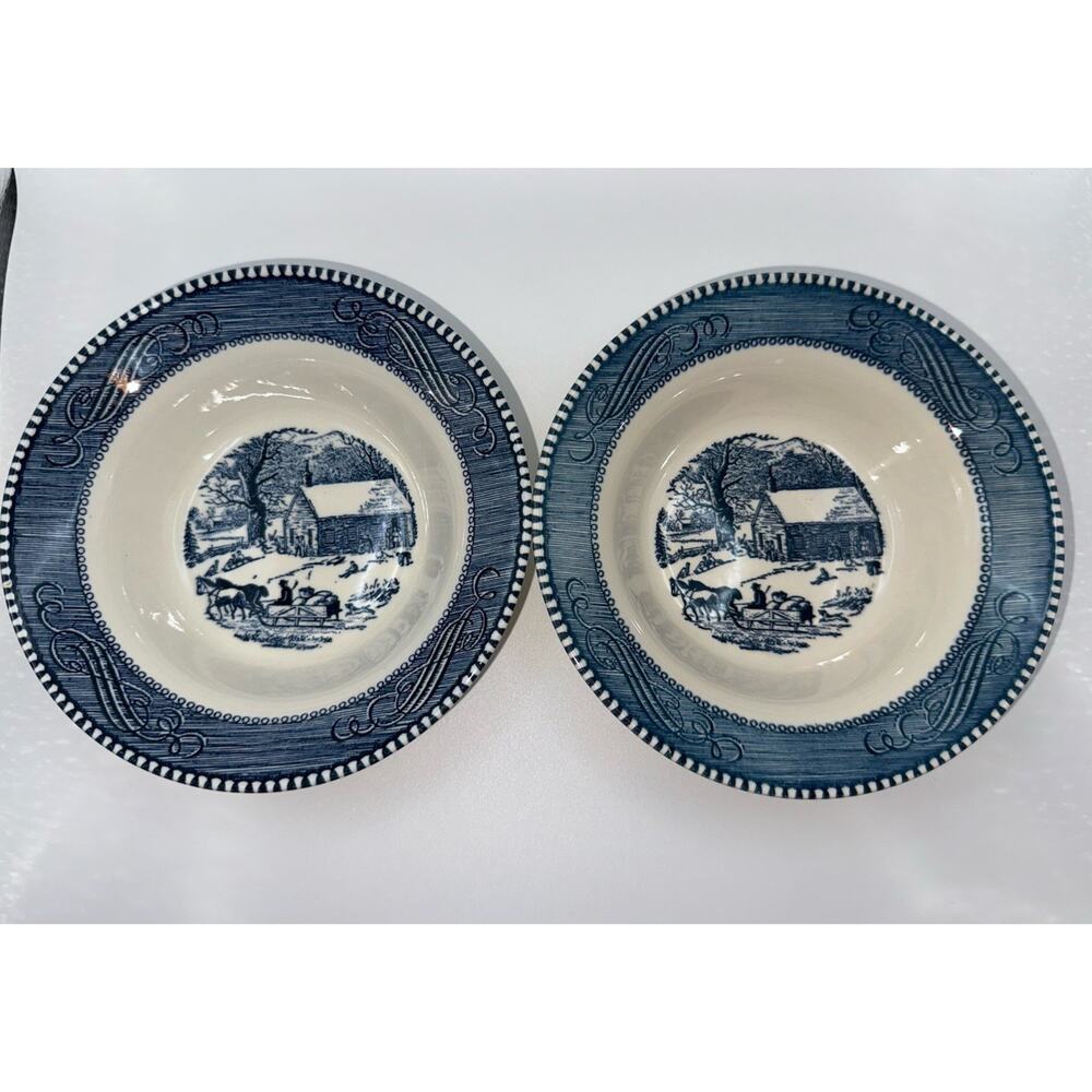 Currier and Ives Fruit Dessert Bowl Blue Old Farm Gate ROYAL USA 5.5in wide
